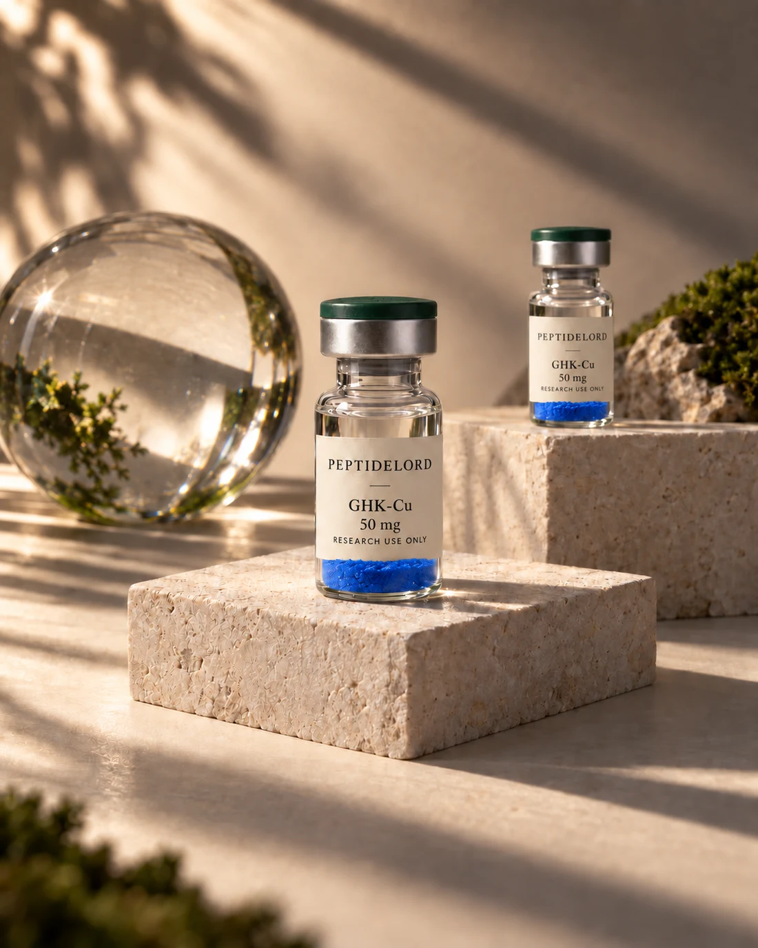 GHK-Cu concept vials containing blue powder on stone plinths